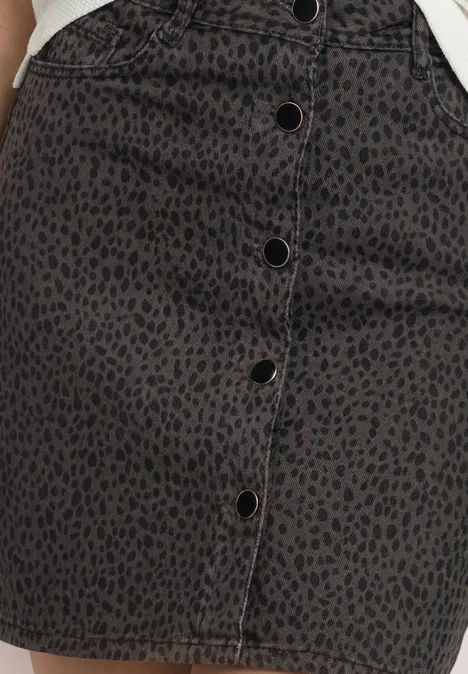 Jupe arrivant aux genoux à imprimé léopard brown leo washed Grauer A-Linien-Rock mit Leopardenmuster und durchgehender Knopfleiste.