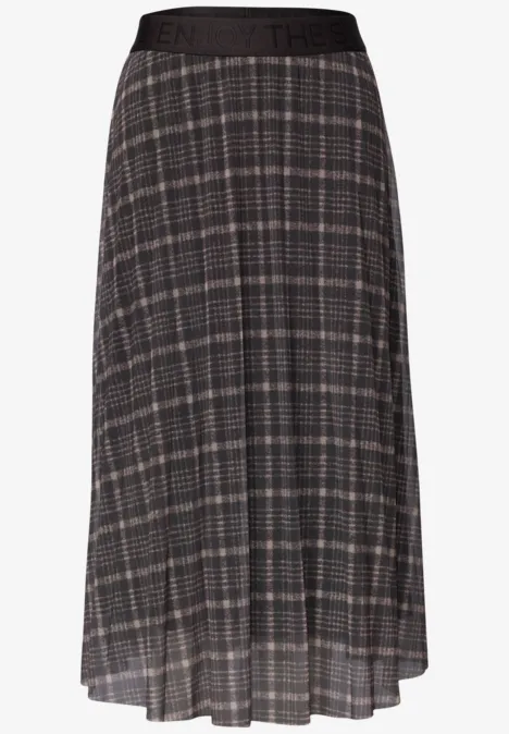 Midirok met grijs ruitpatroon, geplooid met elastische tailleband.