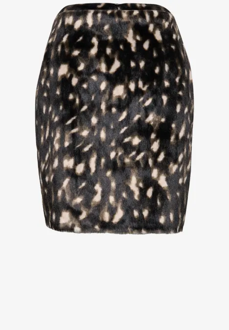 Knielanger Fake-Fur Rock mit Muster Black Schwarzer Minirock mit abstraktem hellen Fleckenmuster