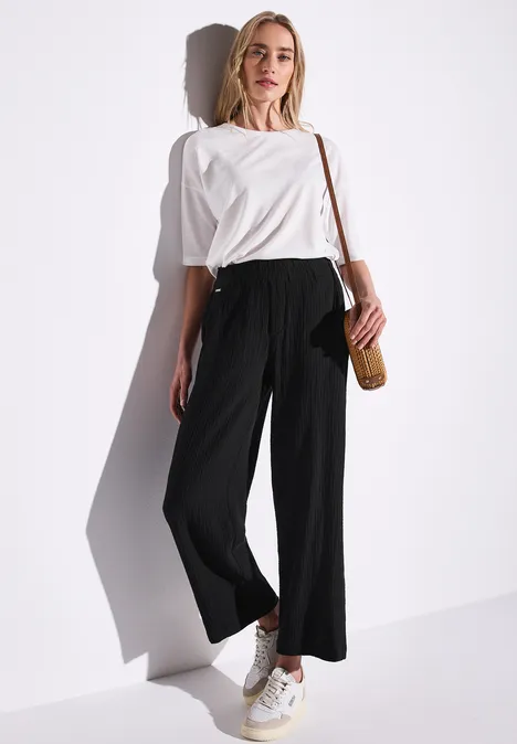 Wide Leg Musselin Hose Black