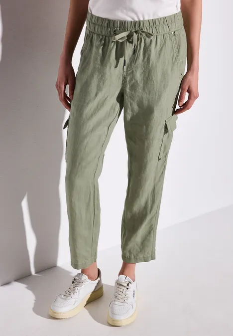 Leinenhose im Cargo-Look pale mud green