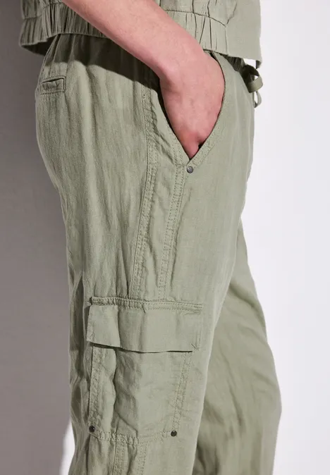 Leinenhose im Cargo-Look pale mud green
