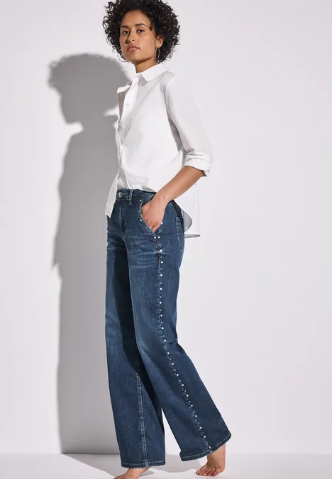 Wide Leg Jeans mit Nieten Dark Blue Wash
