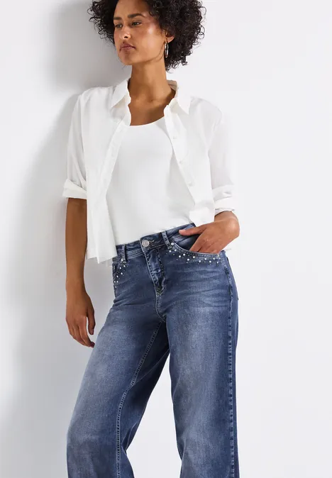 Wide Legs Jeans avec rivets Mid Blue Soft Washed
