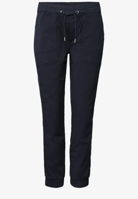 Dunkelblaue, slim-fit Hose mit Tunnelzugbund und elastischen Bündchen.
