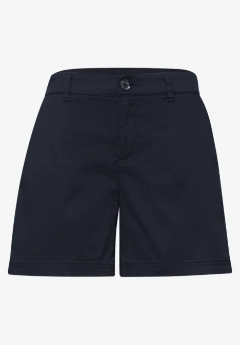 Dunkelblaue, knielange Chino-Shorts mit Knopfverschluss und Gürtelschlaufen, schlicht und vielseitig kombinierbar.