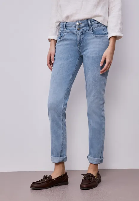 Mid Waist Slim Leg Jeans avec turn-up light blue random wash