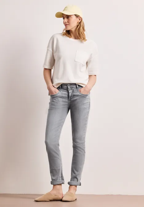 Mid Waist Slim Leg Jeans mit Turn-Up light grey random wash