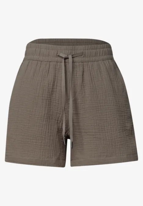Short marron léger en coton gaufré, taille élastique avec cordon, style décontracté.