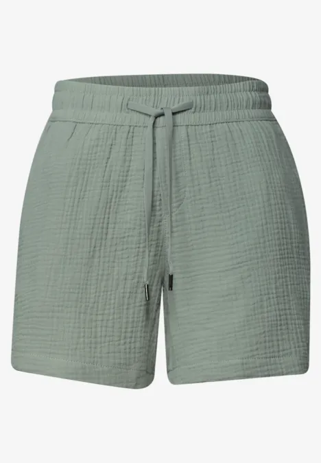 Leichte, grün-graue Shorts aus Baumwollgaze mit elastischem Bund und Kordelzug.