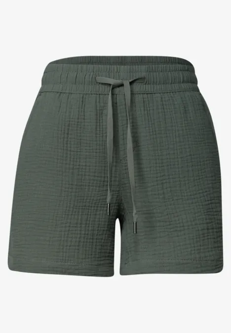 Dunkelgrüne, leicht strukturierte Shorts mit elastischem Bund und Tunnelzug