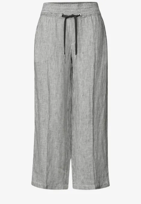 Grau melierte Leinenhose mit weitem Bein und Kordelzug am elastischen Bund.