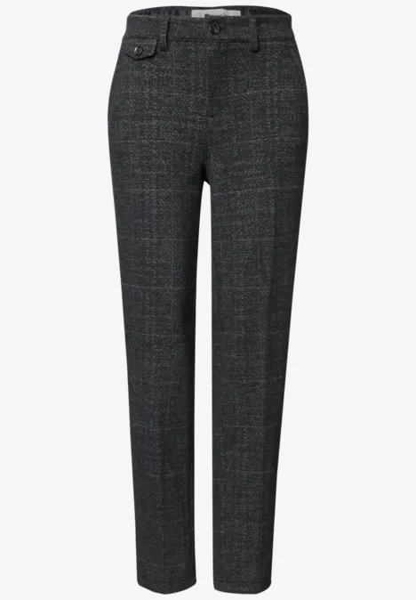 Chino à taille mi-haute, coupe décontractée armor grey mel. Elegante, dunkelgraue Damenhose mit feinem Karo, geradem Bein und schmaler Passform.