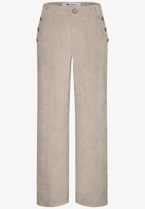 Beige, gerade geschnittene Hose mit seitlichen Knöpfen und hohem Bund.