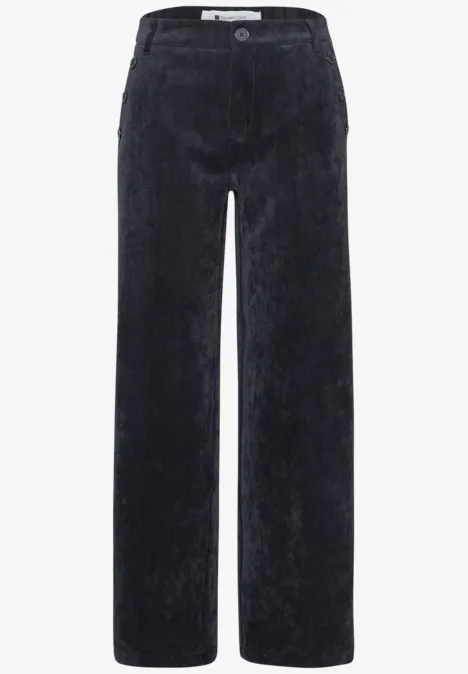 Dunkelblaue weite Cordhose mit hoher Taille und Knopfverschluss.