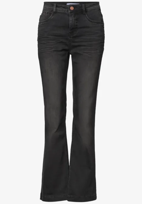 Schwarze hochgeschnittene Jeans mit ausgestelltem Bein und Knopfverschluss.
