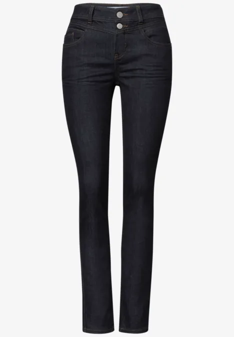 Dżinsy z Mid Waist i wąskimi nogawkami o Casual Fit Deep Rinse Washed Damskie rurki w ciemnoniebieskim kolorze, wysoki stan i dopasowany krój.