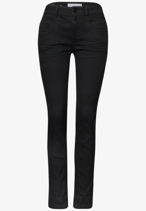 Zwarte slim-fit jeans met riemlussen, vijf zakken en rechte pijpen