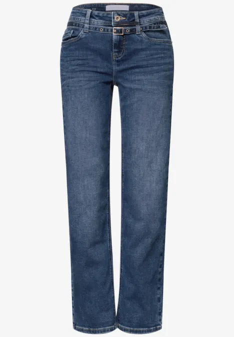 Straight Leg Jeans mit Gürtel Mid Blue Random Washed Dunkelblaue Jeans mit geradem Bein, Five-Pocket-Design und Knopfleiste.