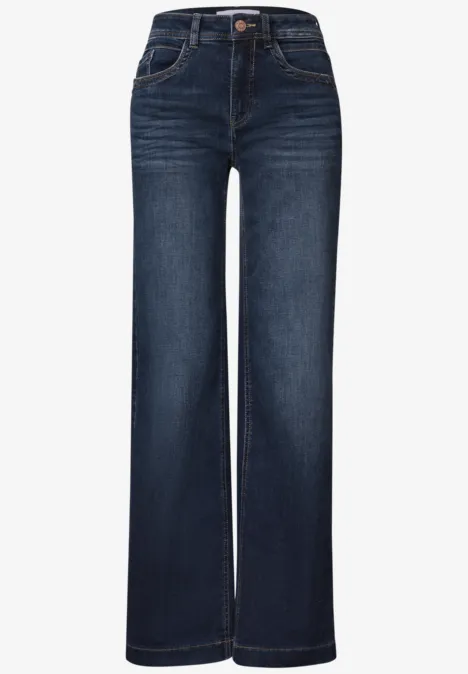 High Waist Wide Leg Jeans im Loose Fit Dark Blue Clean washed Dunkelblaue High-Waist-Jeans mit weitem Bein und klassischer 5-Taschen-Form.