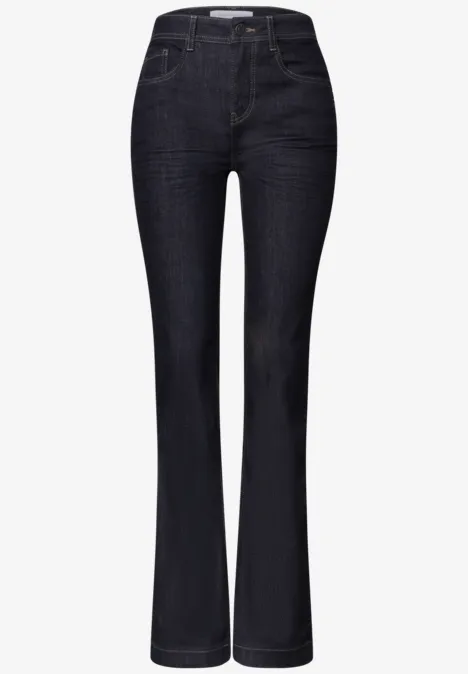High Waist Bootcut Jeans im Slim Fit Rinse Soft Washed Dunkelblaue Damen-Jeans mit hohem Bund und leicht ausgestelltem Bein, klassische Five-Pocket-Optik.