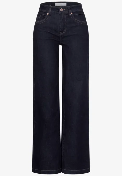 Dunkelblaue High-Waist-Jeans mit weitem Bein, Five-Pocket-Stil, hoher Bund, schlicht und modern.