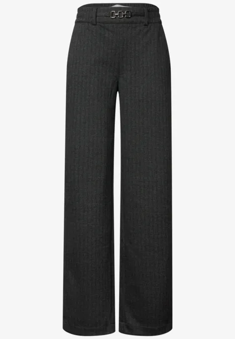 Wijde donkergrijze pantalon met fijne krijtstreep en hoge taille.