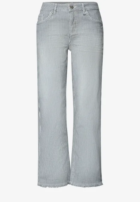 Graue Jeanshose mit weitem Bein und hellgrauen Streifen, Saum unversäubert