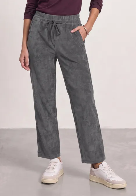 Graue weite Cordhose mit Gummibund und Kordelzug, lässig und bequem
