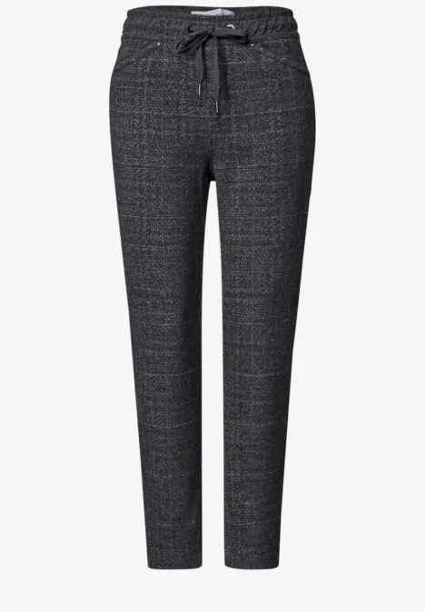 Elegante graue Karohose mit Kordelzugbund und schlanker Passform.