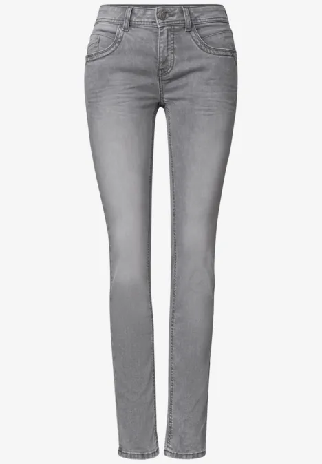 Graue, hochtaillierte Skinny-Jeans mit fünf Taschen und engem Bein.