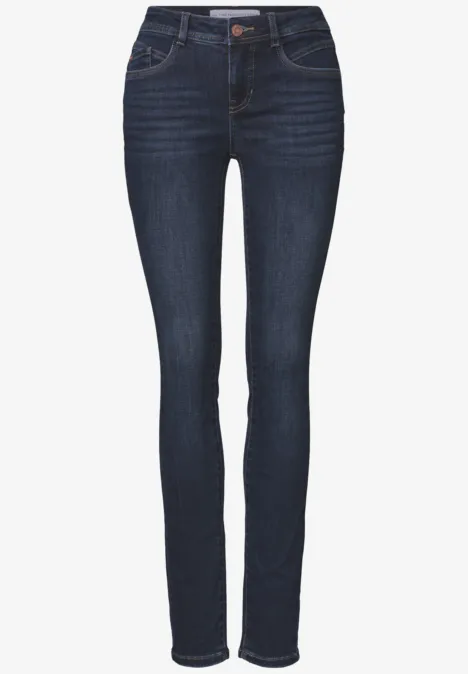 Dunkelblaue Skinny-Jeans mit fünf Taschen und mittelhohem Bund