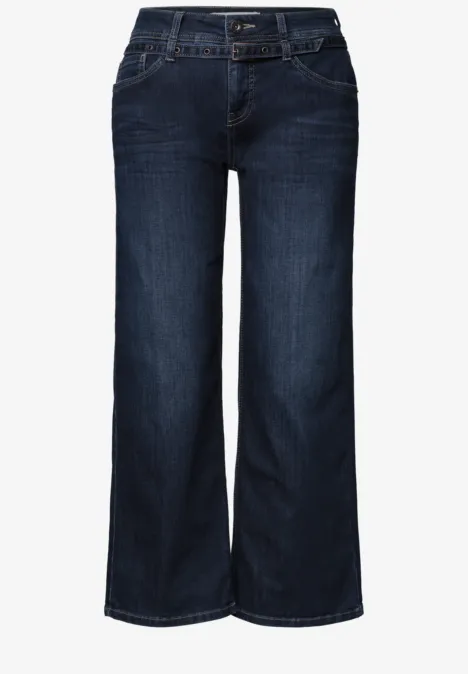 Jeans Culotte mit Gürteldetail Deep Blue Washed Dunkelblaue Jeans mit weitem Bein, hohem Bund und klassischen Taschen, schlicht und zeitlos.