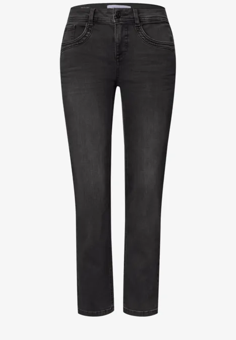 Mid Waist Straight Leg Jeans im Slim Fit Black Washed Schwarze Damenjeans im klassischen Five-Pocket-Stil mit geradem Bein und Gürtelschlaufen
