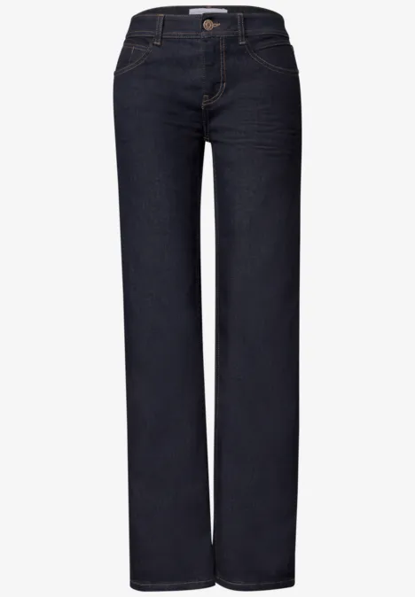 Dunkelblaue, gerade geschnittene Jeans mit hoher Taille und klassischem Knopfverschluss.