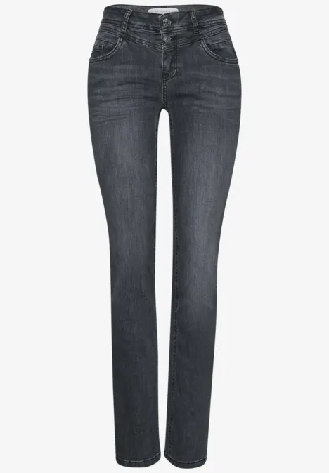 Donkergrijze, smalle jeans met vijfzakkenontwerp.