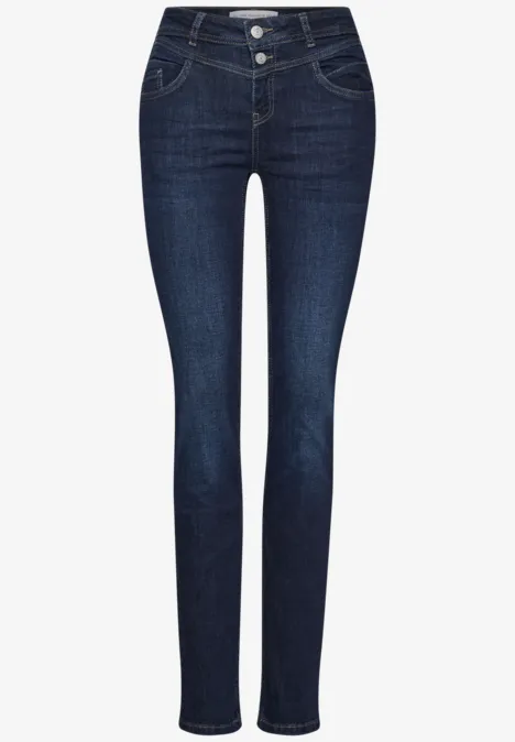 Donkerblauwe jeans met hoge taille, smalle pasvorm en knoopsluiting.