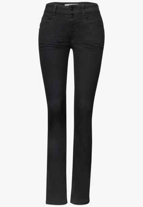 Mid Waist Slim Leg Jeans im Casual Fit Black Clean Washed Schwarze Jeanshose mit leicht ausgestelltem Bein und klassischen Five-Pocket-Taschen.