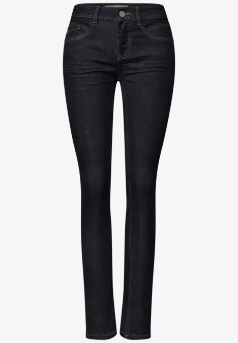 Mid Waist Slim Leg jeans w kroju Slim Fit Deep Rinse Washed Ciemnoniebieskie obcisłe jeansy z wysokim stanem, dopasowane, w klasycznym 5-kieszeniowym stylu.