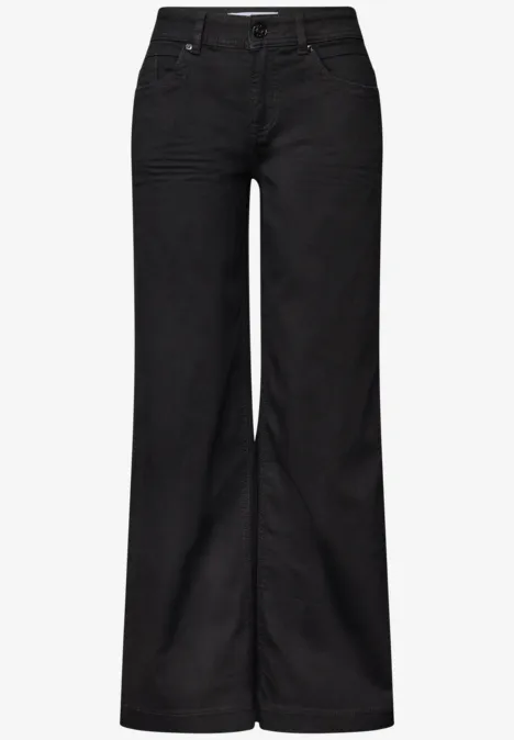 Zwarte jeans met wijde pijpen en hoge taille van stevig denim, voor een comfortabele uitstraling.