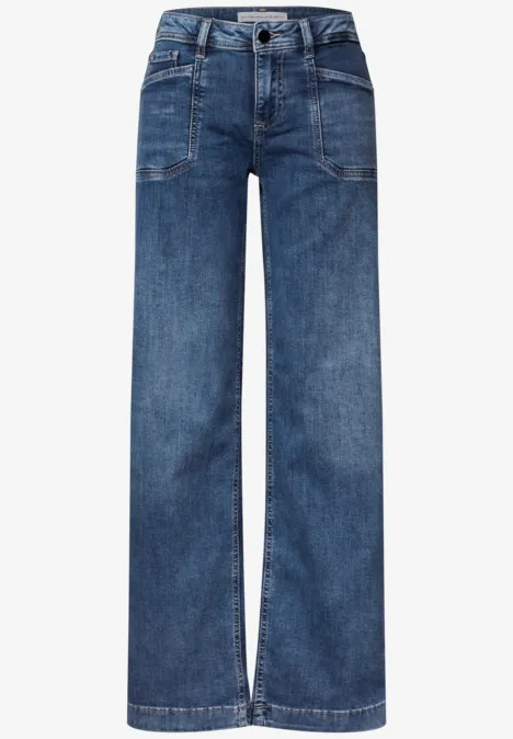Hoch taillierte, weite blaue Jeanshose mit geradem Bein und klassischer 5-Pocket-Optik.