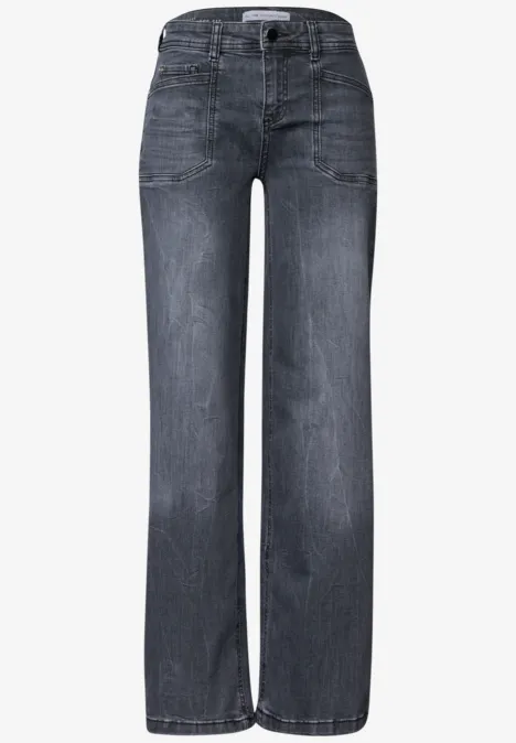 Donkergrijze jeans met hoge taille en wijd model, casual stijl.