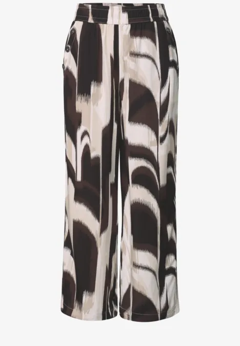 High Waist Wide Leg Hose im Loose Fit espresso brown schwarz-weiße, weit geschnittene Hose mit abstraktem Druck