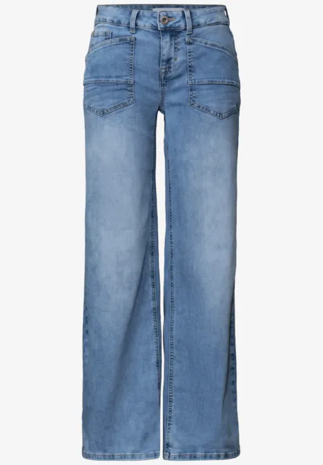 Mid Waist Wide Leg Jeans im Loose Fit Light Blue Random washed Helle, ausgestellte Jeanshose mit weitem Bein und seitlichen Nahttaschen.