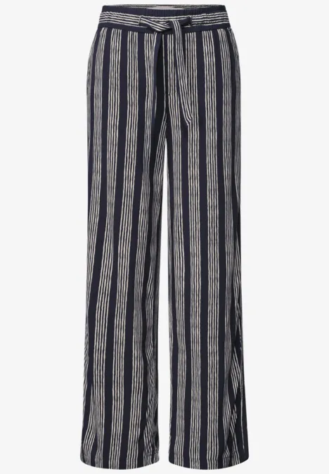 Mid Waist Wide Leg Hose mit Streifen darkest blue Weit geschnittene Stoffhose mit navy-weißen Streifen, hohem Bund und Taillengürtel.