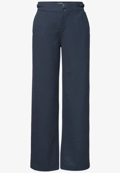 High Waist Jerseybroek met casual pasvorm darkest blue Donkerblauwe damesbroek met wijd vallende pijpen, hoge taille, knopen en een elegante, vloeiende pasvorm.