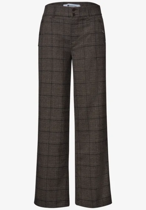 High Waist Straigt Leg Hose im Casual Fit darkest brown Ein Paar karierte, braune Stoffhosen mit geradem Schnitt und hoher Taille.