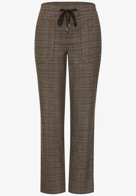 Mid Waist Slim Leg Hose im Loose Fit saddle brown Braune Karohose mit Glencheck-Muster, geradem Bein und Kordelzug am Bund