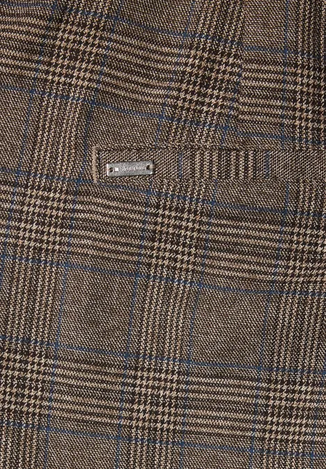 Mid Waist Slim Leg Hose im Loose Fit saddle brown Nahaufnahme eines braunen Glencheck-Tweedstoffs mit feinem Karomuster und kleinem Metall-Label.