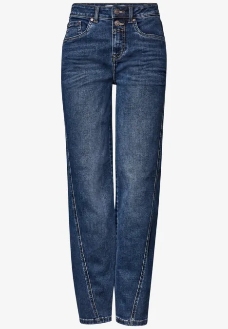 High Waist Barrel Leg Jeans im Loose Fit Mid Blue Random Washed Blaue Jeans mit geradem Schnitt, klassischem 5-Pocket-Design und leichter Waschung.